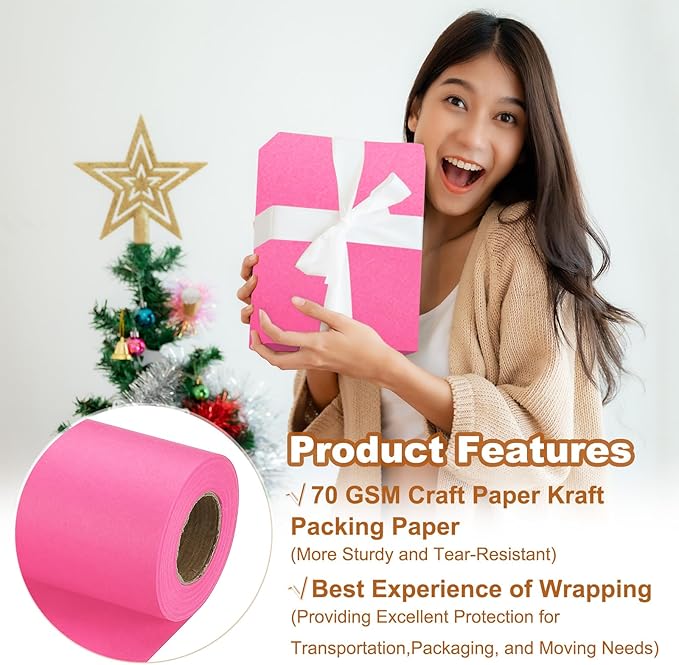 PATIKIL Wrapping Paper, 20" x 450"(37') 70 GSM Craft Paper Roll Kraft Packing Paper for Poster Bulletin Board, Gift Wrapping, Pink