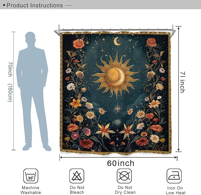 Miyotaa Celestial Sun Moon Shower Curtain Set 60Wx71H Inches Vintage Night Aesthetic Mysterious Witchy Polyester Waterproof Cloth Bathroom Curtain with 12 Hooks