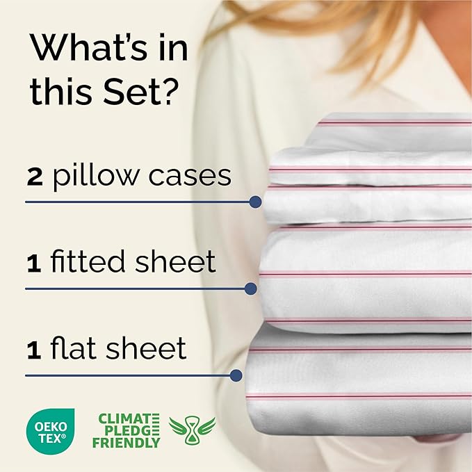 Striped Sheets - Red & White Striped Sheets - 1 Flat & 1 Fitted & 2 Pillowcases w/ Deep Pockets – Wrinkle & Fade Free - Ultra-Soft, Breathable & Cooling – Luxury Pinstripe Bedding - Queen Size Bed Set