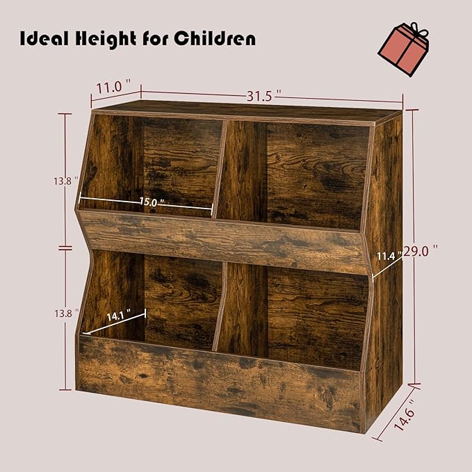 DINZI LVJ Kids Bookshelf, Toy Storage Organizer, Wooden Toy Cabinet, 4 Cubby Children Bookcase, 31.5" L Toddler Book Shelf for Bedroom, Nursery, Hallway, School, Rustic Brown