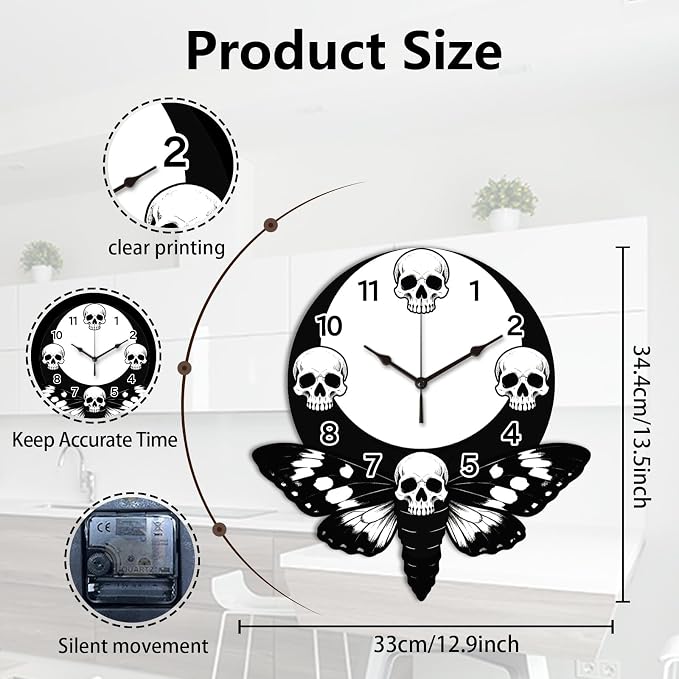 Skull Wall Clock Irregular Shape Decorative Wall Clock Moth Moon Non-Ticking Clock for Home Office Decoration, 13.54×12.99 inch