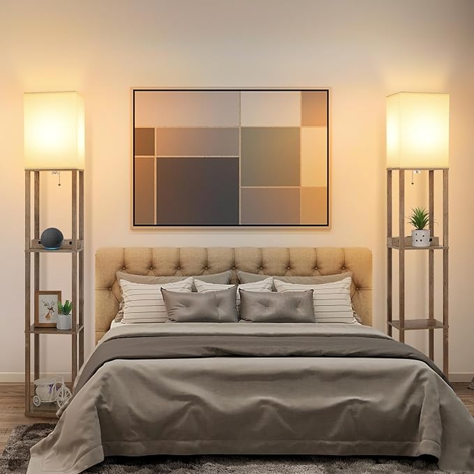 Mlambert Modern Shelf Floor Lamp with Wireless Charger & Fast Charging USB Ports & Type C Port & 2 Power Outlets,3 Tier Storage Lamp for Bedroom(Wood)