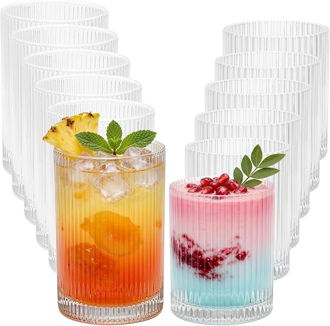 14 oz & 18 oz Ribbed Drinking Glasses Set of 12, Vintage Iced Coffee Cups Elegant Glassware, Highball Glass Cups Ridged Glass Tumbler for Cocktail, Whiskey, Beer, Water, Juice, Origami Style Clear
