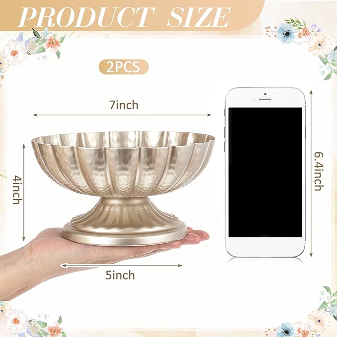 2 Pcs Metal Compote Bowl for Centerpiece Flower Holder Small Compote Vase Indoor Outdoor Flowers Fruits Plant for Christmas Wedding Home Party Decoration (Medium,Silver)