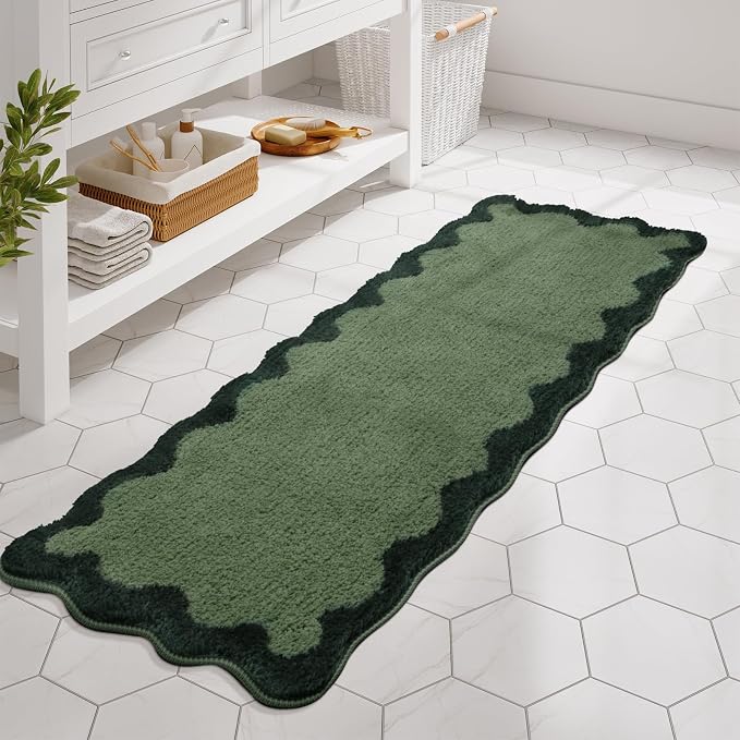 Uphome Bathroom Runner Rug, Green Large Water Absorbent Cute Bath Mat Non Slip Washable, 24x60 Soft Irregular Shaped Shaggy Microfiber Bath Runner Rug for Floor, Bathtub, Bedroom