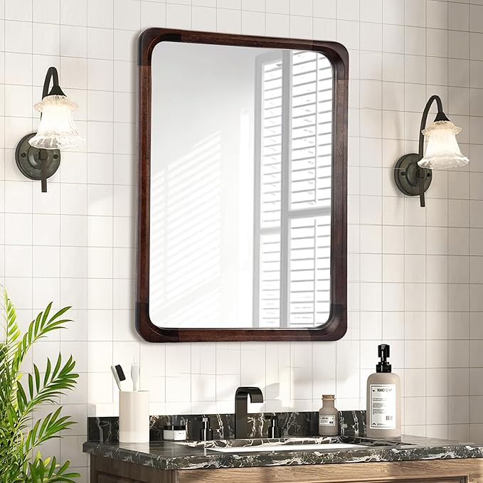 Tanmicoshomy Wood Bathroom Mirror 24 x 36 Inch, Solid Wood Framed Rectangle Mirrors with Tempered Glass for Living Room Bedroom Office or Entryway(Dark Brown)