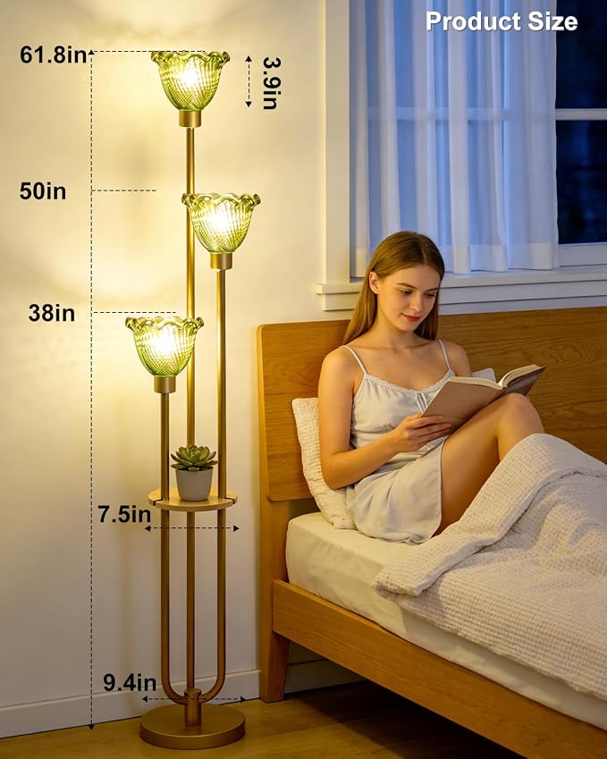 Lightdot Green Glass Floor Lampfor Living Room Gold Floor Lamp with Glass Shade & 3000K Bulbs Included 3-Lights Modern Tall Standing Lamp with 5Lbs Heavy Base for Bedroom/Sofa Beside/Corner Decor