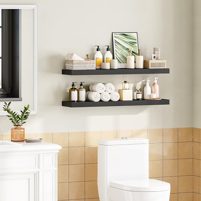 HOOBRO Floating Shelves for Wall, Wall Mounted Shelf Set of 2, 39.4" Hanging Shelf with Invisible Brackets, for Wall Decor Storage in Bathroom Bedroom Kitchen Living Room Office, Black BK100BJP201