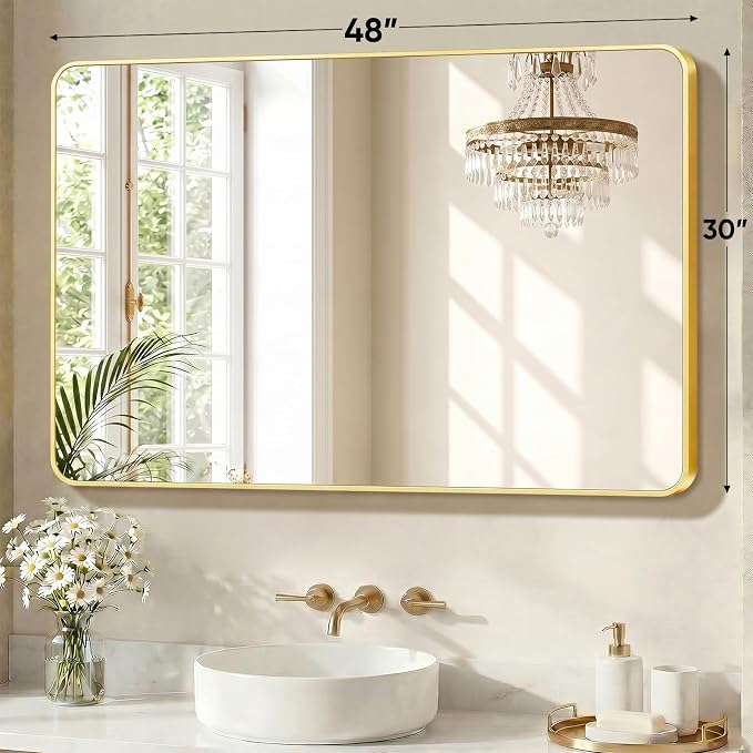 Sweetcrispy Bathroom Mirror for Over Sink, 30x48 Inch Wall Mount Mirror with a Rounded Rectangle and Matte Metal Frame, Modern Wall Vanity Mirrors for Home Decor, Living Room, Bedroom, Gold