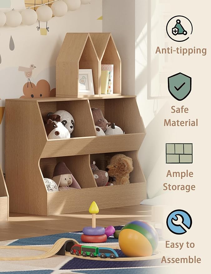 DINZI LVJ Kids Bookshelf, Toy Storage Organizer, Wooden Toy Storage Cabinet, 4 Cubby Children Bookcase, 43.3" L Toddler Book Shelf for Bedroom, Nursery, Hallway, School, Natural