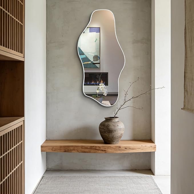 Irregular Frameless Mirror, 35.8"x17.7" Silver Asymmetrical Tempered Glass Mirror, Organic Shaped Wall Mirrors for Entryway Bedroom Living Room Bathroom, Horizontal or Vertical Hanging