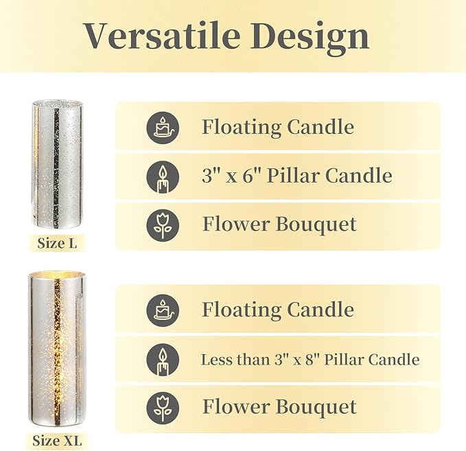 Glass Cylinder Vases Set of 6, Hewory Glittery Silver Vase for Centerpieces, Hurricane Candle Holders for Pillar or Floating Candle, Round Tall Vase for Wedding Anniversary Events Home Table Decor