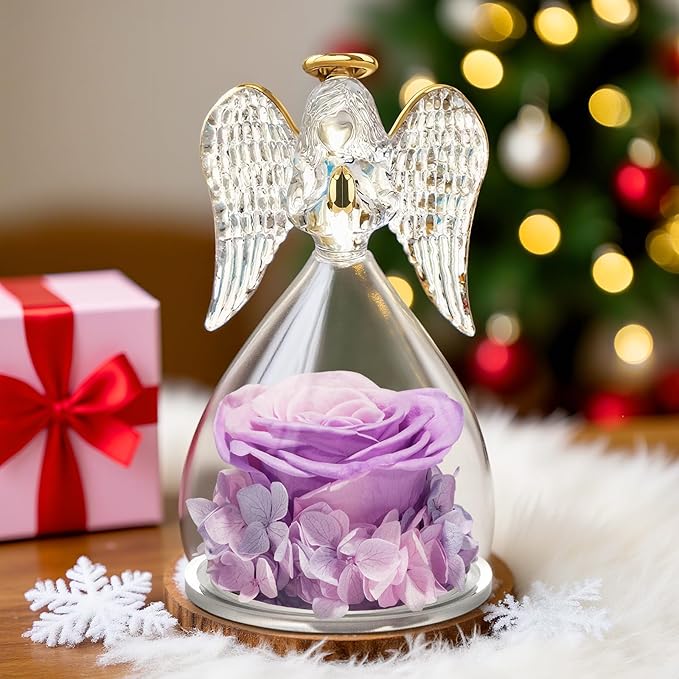 Yamonic for Mom, Moms Birthday Gifts for Women Grandma, Angel Figurines with Preserved Real Flowers Rose for Mothers Day, Wife Anniversary, Valentine's Day Gifts for Her(Pink+Purple)