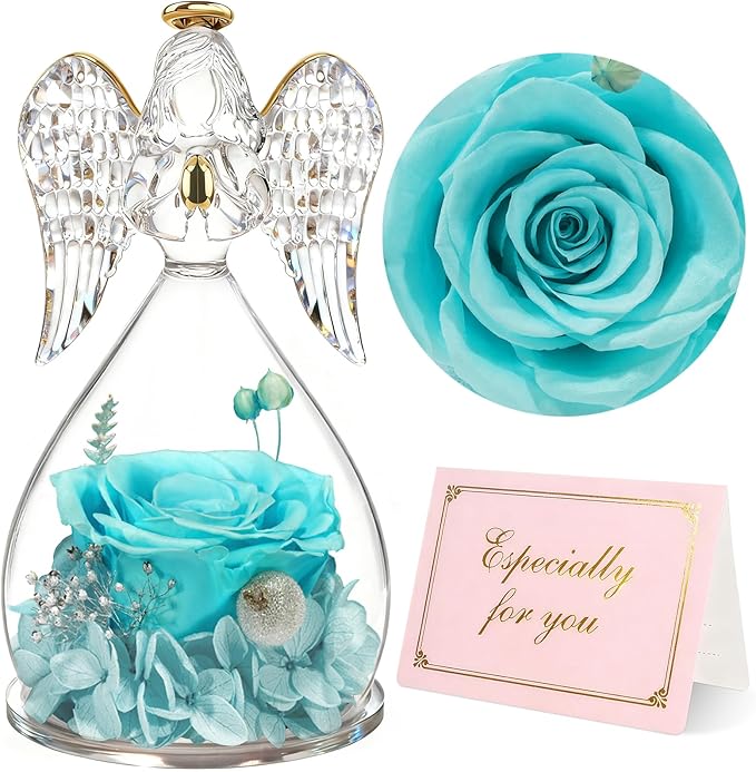 Yamonic Mom Birthday Gifts for Mom, Glass Angel Figurines with Real Rose Gifts for Her Moms Grandma,Preserved Flowers Rose Angel Figurines for Mothers Day Christmas Anniversary Birthday Gifts for Her