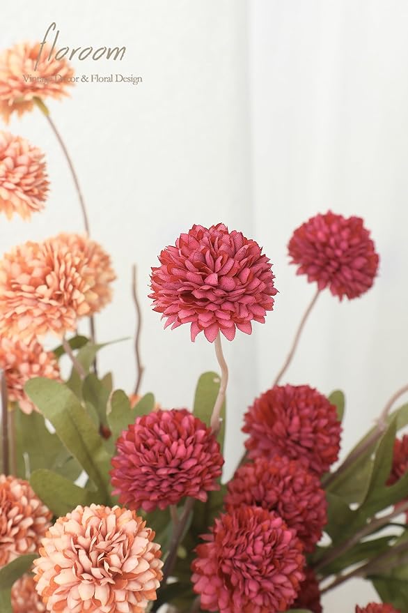 Floroom 9pcs Dark Red Burnt Orange Mix Faux Silk Mums Artificial Flowers, Bulk Fake Small Mini Chrysanthemums with Stems for DIY Wedding Centerpieces Floral Arrangements Vase Fillers Home Decorations