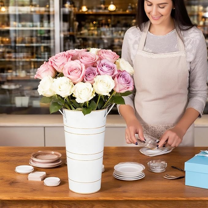 10" Tall Flower Buckets Metal Vase - Pack of 5 Rustic Farmhouse Centerpiece Vases for Table with Handles, Wedding Home Table Decor, Farmhouse White Flower Bar Bucket Holder