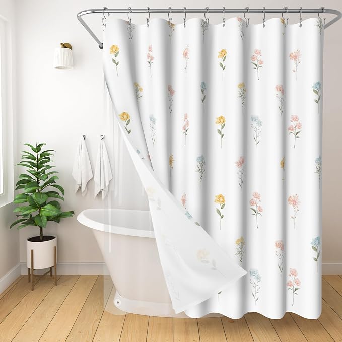 3 in 1 Shower Curtain Set, Floral Wildflower Minimalist 72x72 Inches Polyester Bath Curtain with Magnetic PEVA Liner and 12 Double Sided Stainless Steel Hooks