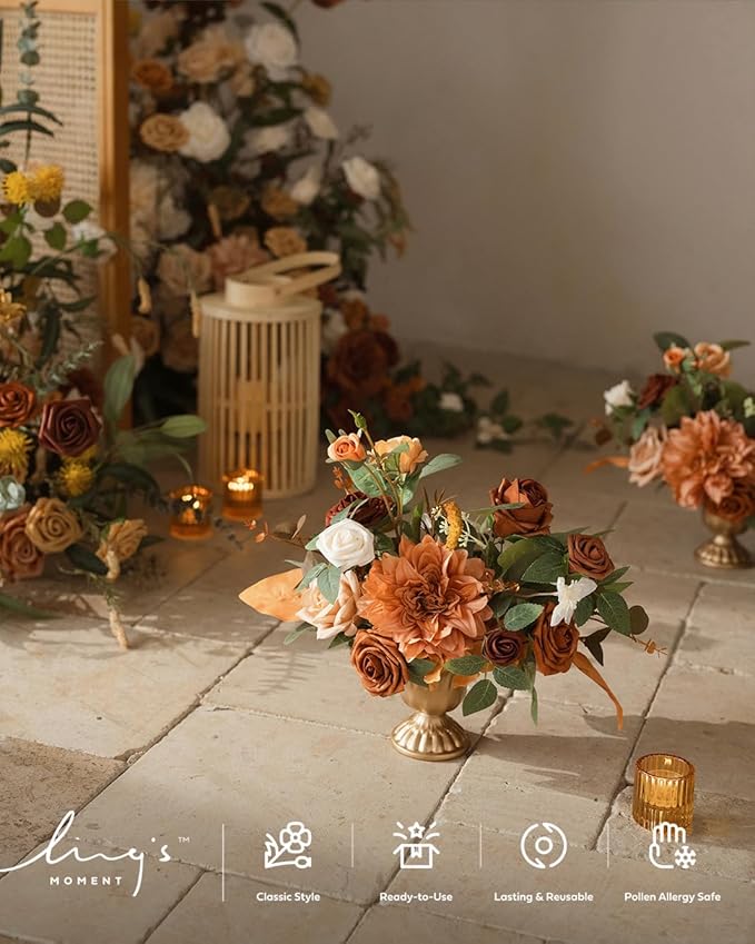Ling's moment Terracotta Artificial Flowers with Vase Wedding Table Decor Bouquet Centerpiece Flower Potted for Ceremony Reception Desk Flowers Mantel Archway Aisle, Orange Fake Flowers Set of 2