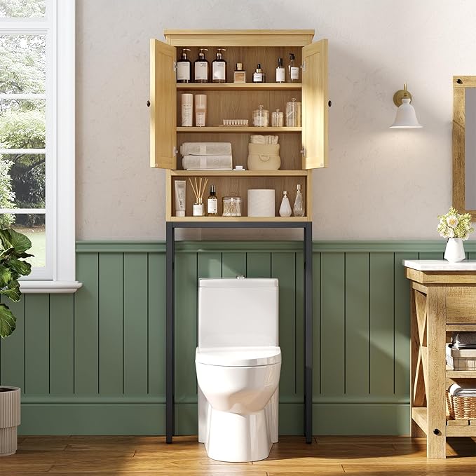 knoworld Rattan Over The Toilet Storage Cabinet, Metal Stand Above Toilet Bathroom Organizer, Behind Toilet Cabinet with Adjustable Shelf, Space Saver for Restroom, Bathroom, Laundry, Natural