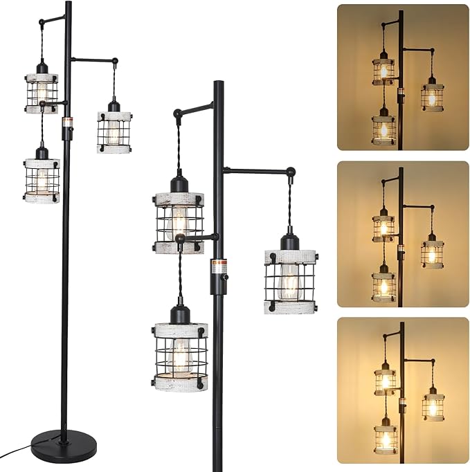 3-Lights Floor Lamp with Metal Wood Cage Lampshades, Vintage Standing Lamp for Living Room, Dimmable Tall Lamp for Bedroom, Industrial Tall Floor Lamps Rustic Corner Lamp for Reading Home Decor