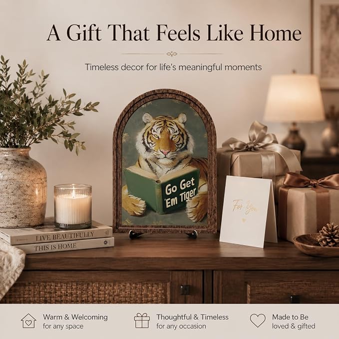 Wooden Tabletop Decor Funny Reading Tiger Art for Bookshelf Desk Shelf, Rustic Arched Wooden Frame with Stand Decor, Home Office Decorative Accent for Animal Lovers