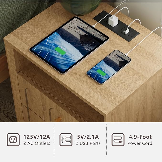 Nightstand Set of 2 with Charging Station, Mid Century Modern Nightstand with Arched Design,Boho End Table with Wood Grain Texture, Bedside Table for Bedroom Living Room Sofa Office, Oak