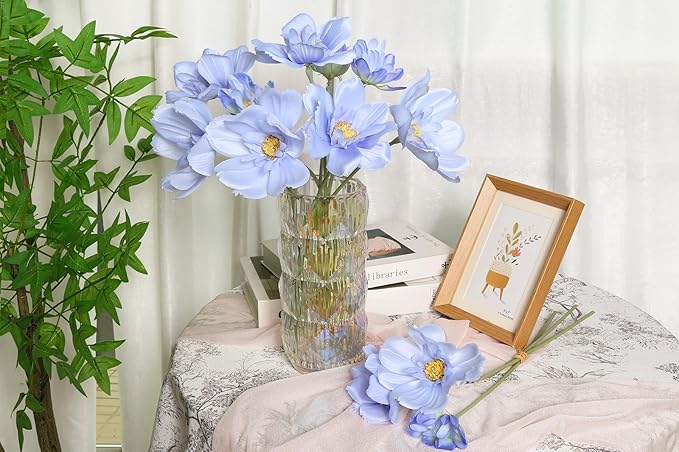 INSUNX 5 Bouquet Cosmos Artificial Flowers Light Blue Fake Daisy Flowers 15Pcs Faux Wildflowers Silk Flowers for Wedding Garden Home Party Table Centerpieces Cake Decor (Light Blue)