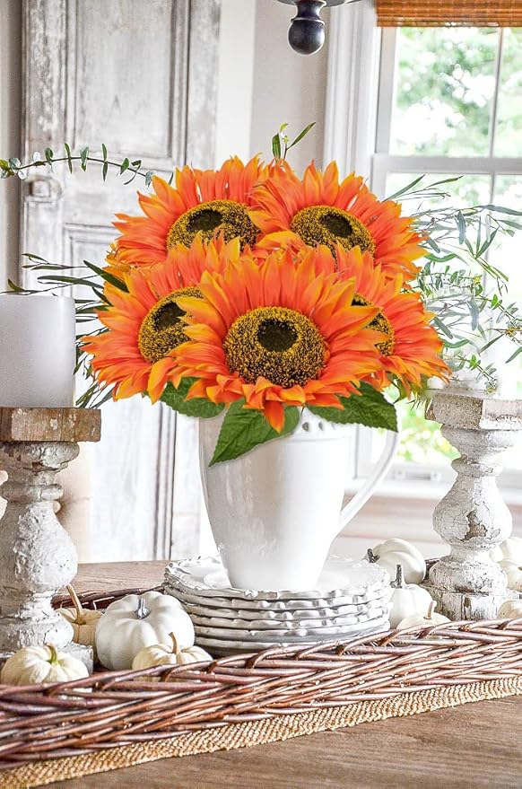 Sunflowers Artificial Flowers 26" Long Stem Large Fake Sunflower Decor Floral Arrangements Centerpiece for Home Decor Wedding Party Orange Flowers Artificial For Decoration 8" Full Bloom Flowers