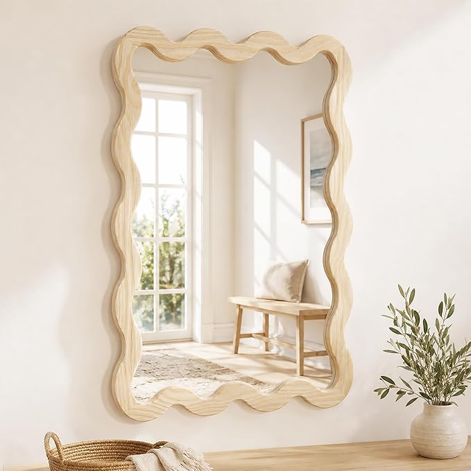 24"x36" Wood Bathroom Mirror & Wavy Wall Mirror, Large Solid Wood Asymmetrical Mirror for Vanity, Natural Wooden Frame Squiggle Mirror, Japandi Boho Aesthetic Decor