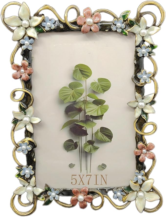 Vintage 5X7 Floral Picture Frames Luxury Unique Ornate Antique Metal Photo Frame of HD Glass for Tabletop/Wall Display Wedding Gifts for Women (Retro White Lace)
