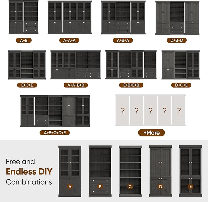 Vyre 70.8" Tall Farmhouse Bookshelf, Modular Bookcase with Glass Doors, 6-Tier Adjustable Shelves, Large Storage Cabinet for Kitchen, Living Room, Black, Set of 4