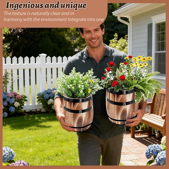 Sunmuliiiy4Pcs Wood Wine Barrel Vase 8" x 6.5" Rustic Wooden Flower Vase Rustic Barrel Barrel Planter for Wedding Reception Table Decoration Home Indoor Outdoor Garden, Kitchen, Party Table Decoration