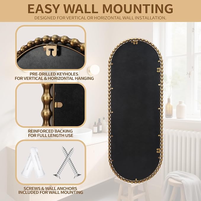 20"x53" Long Oval Full Length Wall Mounted Mirror, Antique Gold Beaded Metal Frame Large Decorative Wall Mirror, Vertical or Horizontal Hanging Tall Entryway Bedroom Living Room