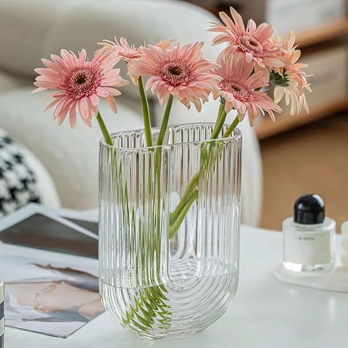 Clear Ribbed Glass Flower Vase, 7" H Modern Small Vase, Ellipse U Shaped Fluted Striped Decorative Vase, Fit for Home Living Room Table Decor (Open:5.11" x 2.36")