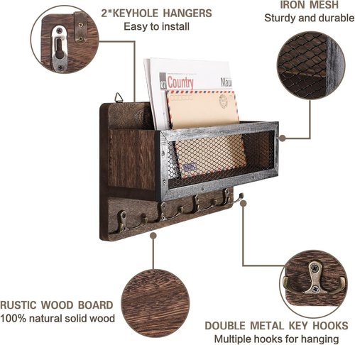ADIIL Wooden Wall Mount Key Holder - Rustic Key Rack Organizer with 4 Double Hooks | Brown Entryway Decor