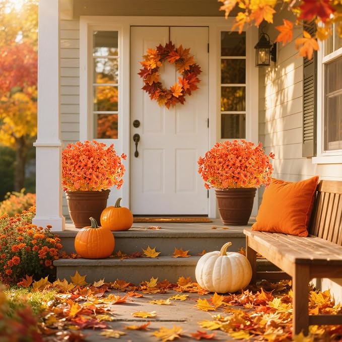 AmyHomie 16 Bundles Fall Orange Artificial Flowers for Outdoor Fall Decor UV Resistant Faux Flowers No Fade Fake Plastic Plants Garden Porch Window Box Decorating