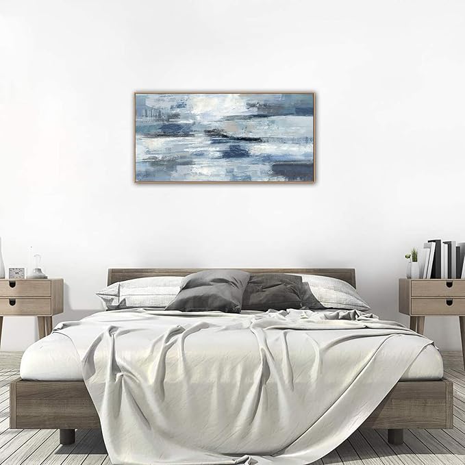 Indigo Framed Wall Art Abstract Ocean Canvas Pictures Blue White Grey Painting Vintage Wall Decor Modern Artwork Prints for Living Room Bedroom Bathroom Office Home Decoration Ready to Hang 29"x58"