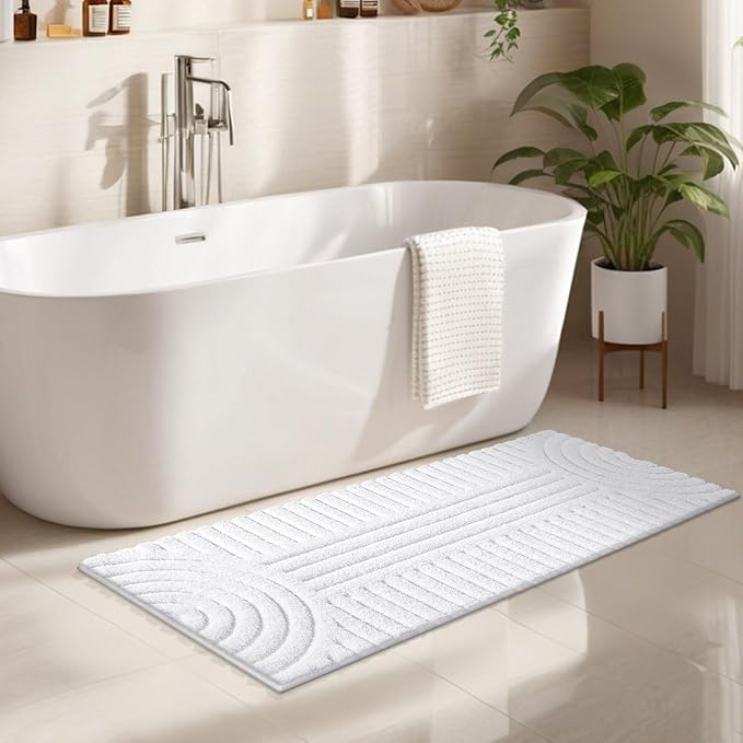 SHACOS Super Soft Bathroom Runner Rugs 24"x60" Non Slip Boho Bath Rugs Microfiber Absorbent Bath Mats for Bathtub Machine Washable Shaggy Carpet for Shower Floor Home Decor, White 2' x 5'