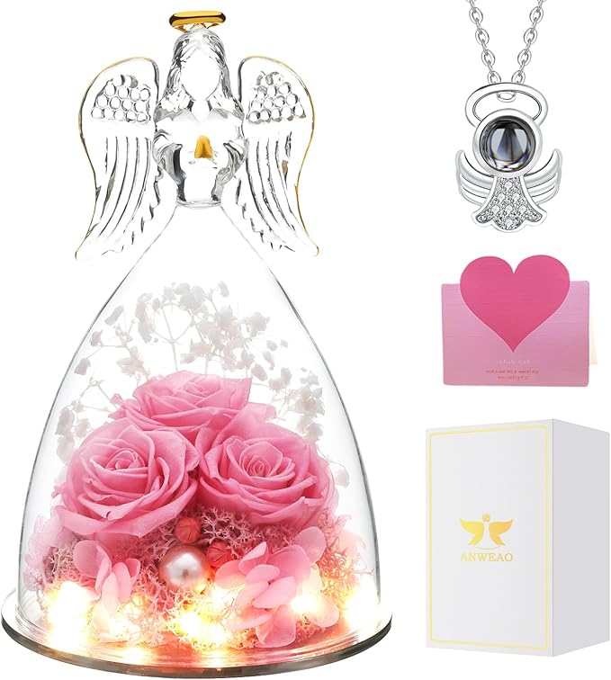 Christmas Angel Gifts for Women Gift for Mom,Preserved Real Rose in Glass Angel Figurines with Angel Necklace,Preserved Flower Birthday Gifts for Women Mom Wife Girlfriend for Thanksgiving Xmas Gift
