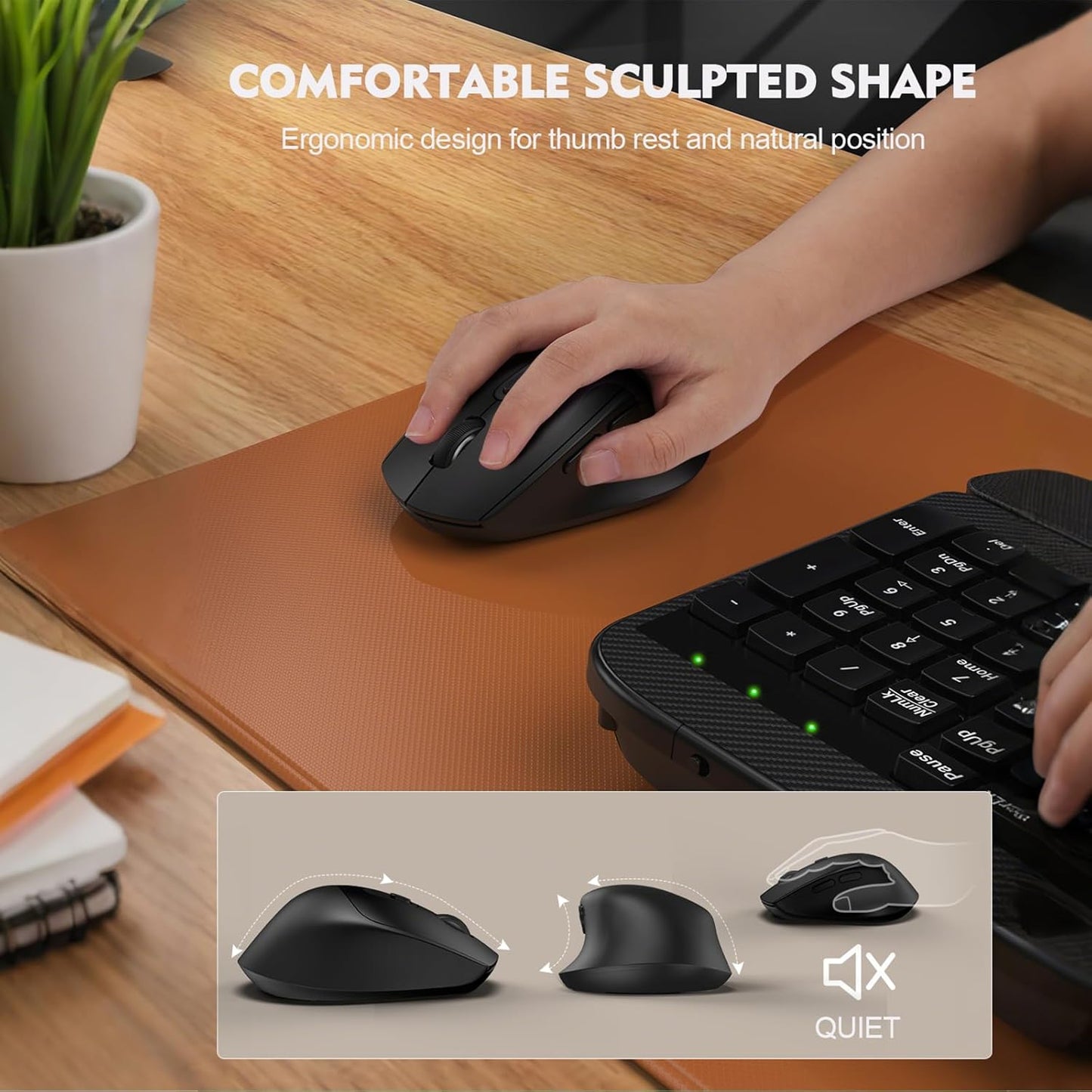 Skiennix Wireless Keyboard and Mouse Combo - Ergonomic Full-Sized Design with Cushioned Palm Rest | 2.4G Cordless for PC, Laptop, Mac