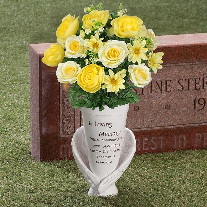 Hollyone Set of 2 Artificial Cemetery Flower for Graves Yellow Cemetery Memorial Flowers for Outdoor Grave Decorations Silk Flower Arrangements Rose Ranunculus Gerbera Floral Flowers Bouquets
