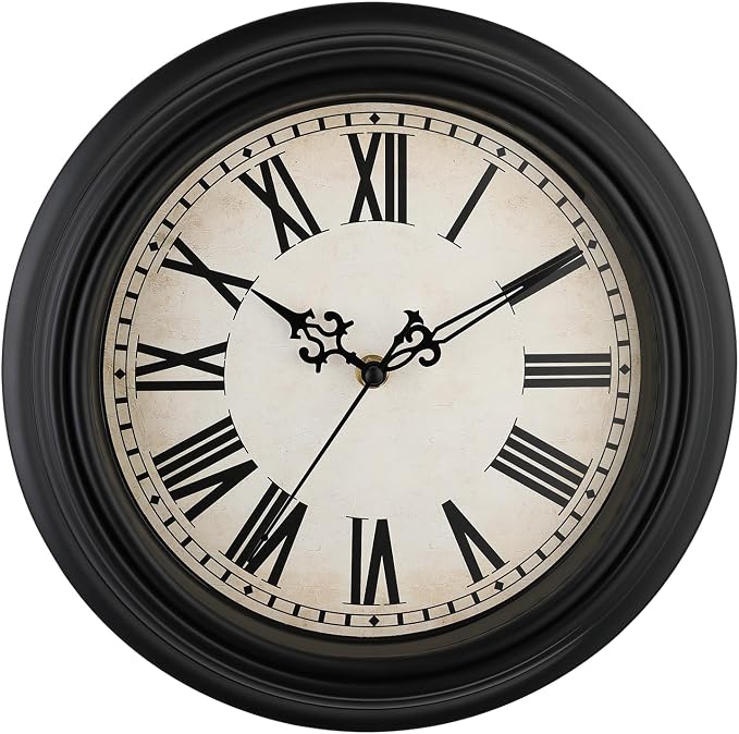 Plumeet Retro Wall Clock, 12'' Non Ticking Classic Silent Vintage Wall Clocks Decorative Kitchen Living Room Bedroom, Roman Numerals, Battery Operated, Black