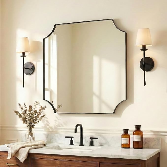 ANDY STAR 30"x30" Square Bathroom Mirror, Matte Black Vanity Mirror, Modern Scalloped Bathroom Mirror in Premium Stainless Steel Frame, Unique Scalloped Corner Design Ideal for Bathroom Remodel