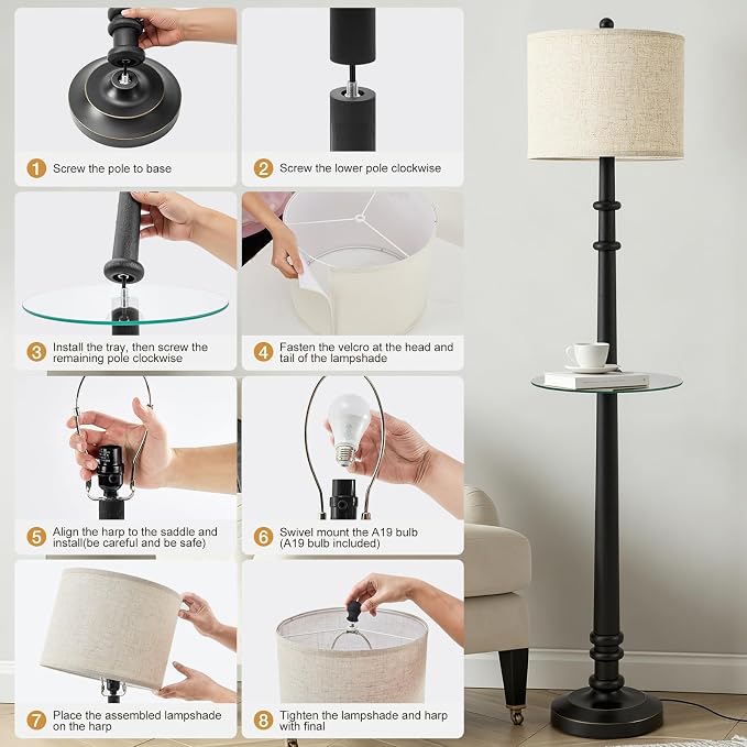 EJIAXIN Floor Lamp with Table - 60" Resin Farmhouse Floor Lamps for Living Room with Adjustable Color Temperatures - Vintage Standing Lamp Reading Light Retro Tall Lamp for Bedroom Office, Black