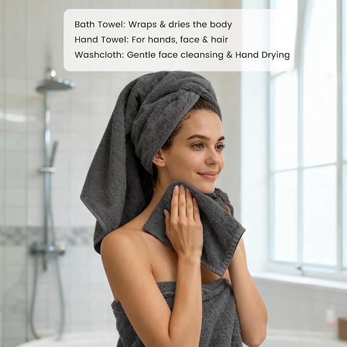 SEMAXE Bath Towel Set, 8 Piece Towel Set for Bathroom, Quick Dry Cotton Towels with Hanging Loops, Easy Care, Grey