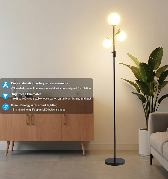 Fiqevs Mid Century Modern 3 Globe Tree Floor Lamp - Dimmable LED Standing Lamp with Bulbs, Warm Light for Living Room Bedroom Office - Black