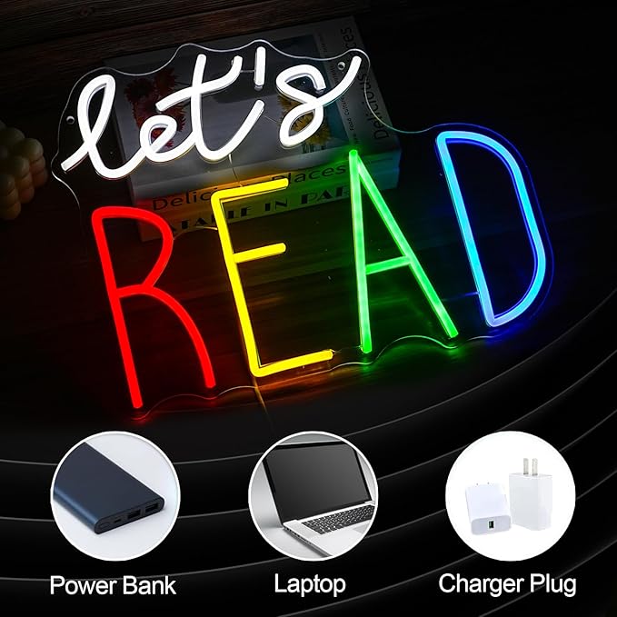 Let’s Read Neon Sign Multicolored Reading Led Neon Light Sign for Wall Decor Read Book Led Light Up Sign for Classroom Bookstore Reading Corner Home Wall Neon Decor (Dimmable USB)