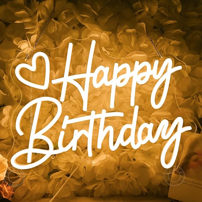 SYLHOME Happy Birthday Led Neon Light Sign Heart Birthday Party Bedroom Wall Sign Decor Banner Birthday Backdrop Light Up Sign 15.75" X 11.81" USB Dimmer Warm White 5V