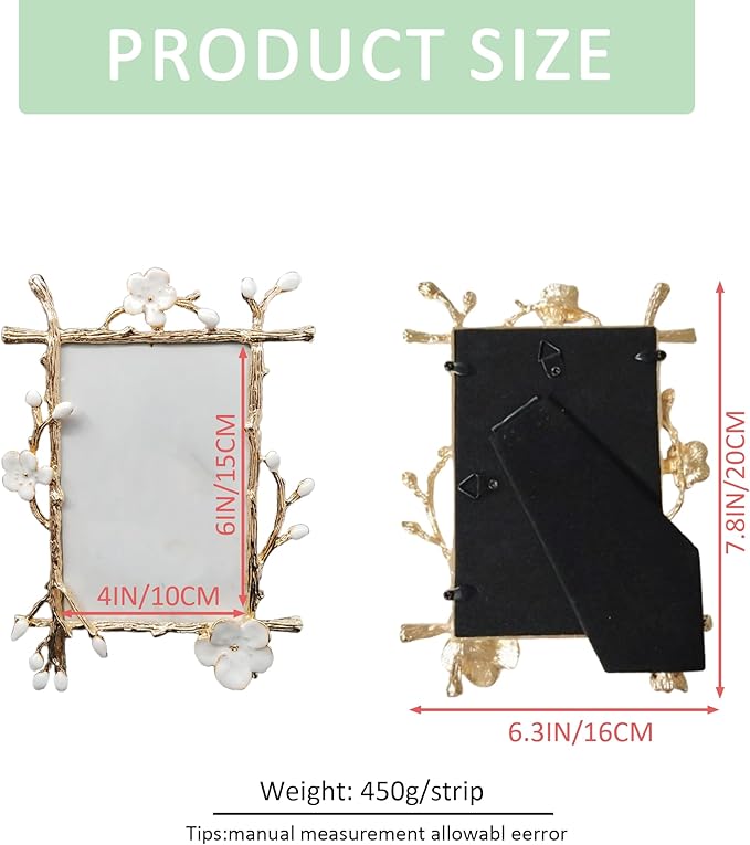 Vintage 4X6 Floral Metal Picture Frame with Enamel Finis Glass Front - Ornate Antique Big White Flowers Photo Frame Tabletop/Wall Display Gifts for Women