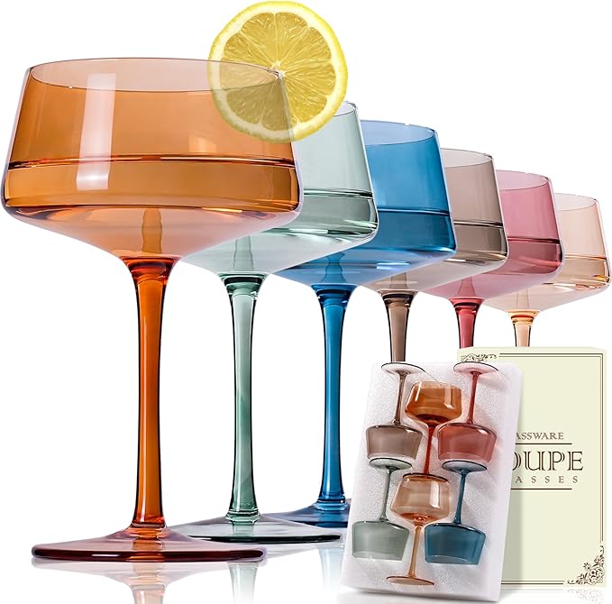 JOVGANK Colored Coupe Glasses Set of 6, Hand Blown Colorful Martini Glasses 13Oz, Champagne & Cocktail Luxury Glasses, Bar Manhattan and New Year Glass, Mother's Day Gift for Ice Cream Dessert